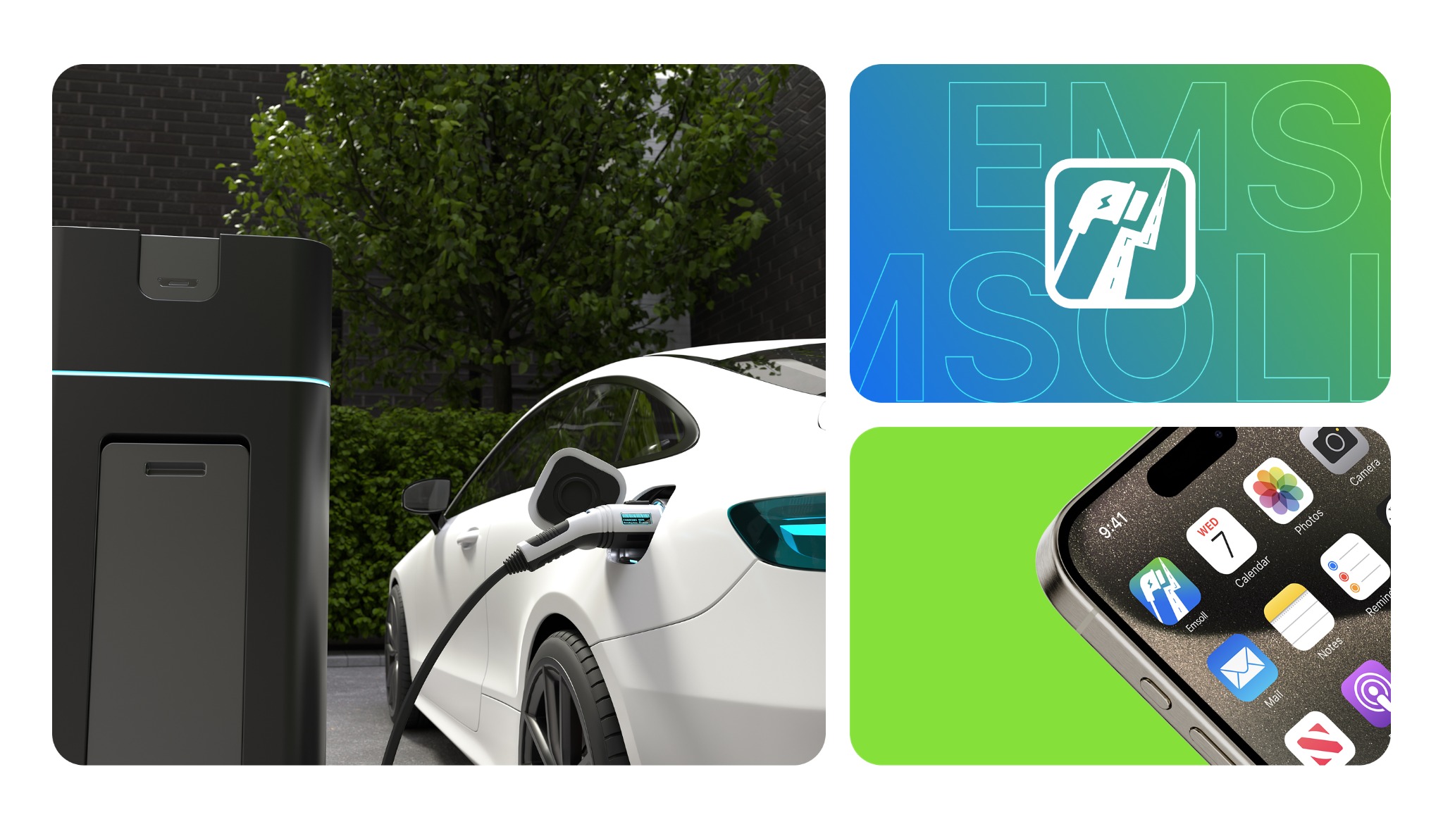 EMSOLL charging station, mobile app icon, and brand identity compositions