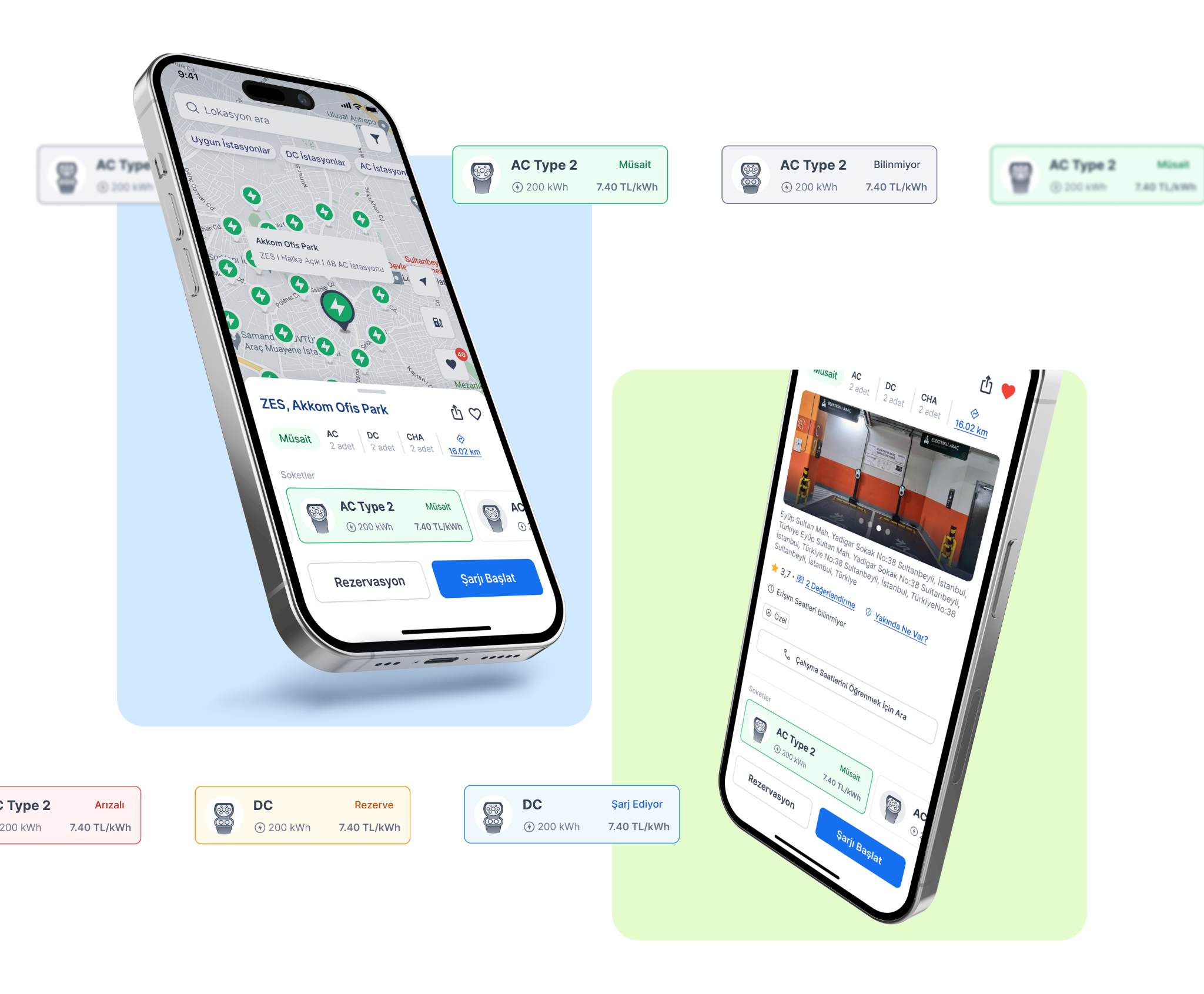 Electric vehicle charging station discovery map and station detail screens