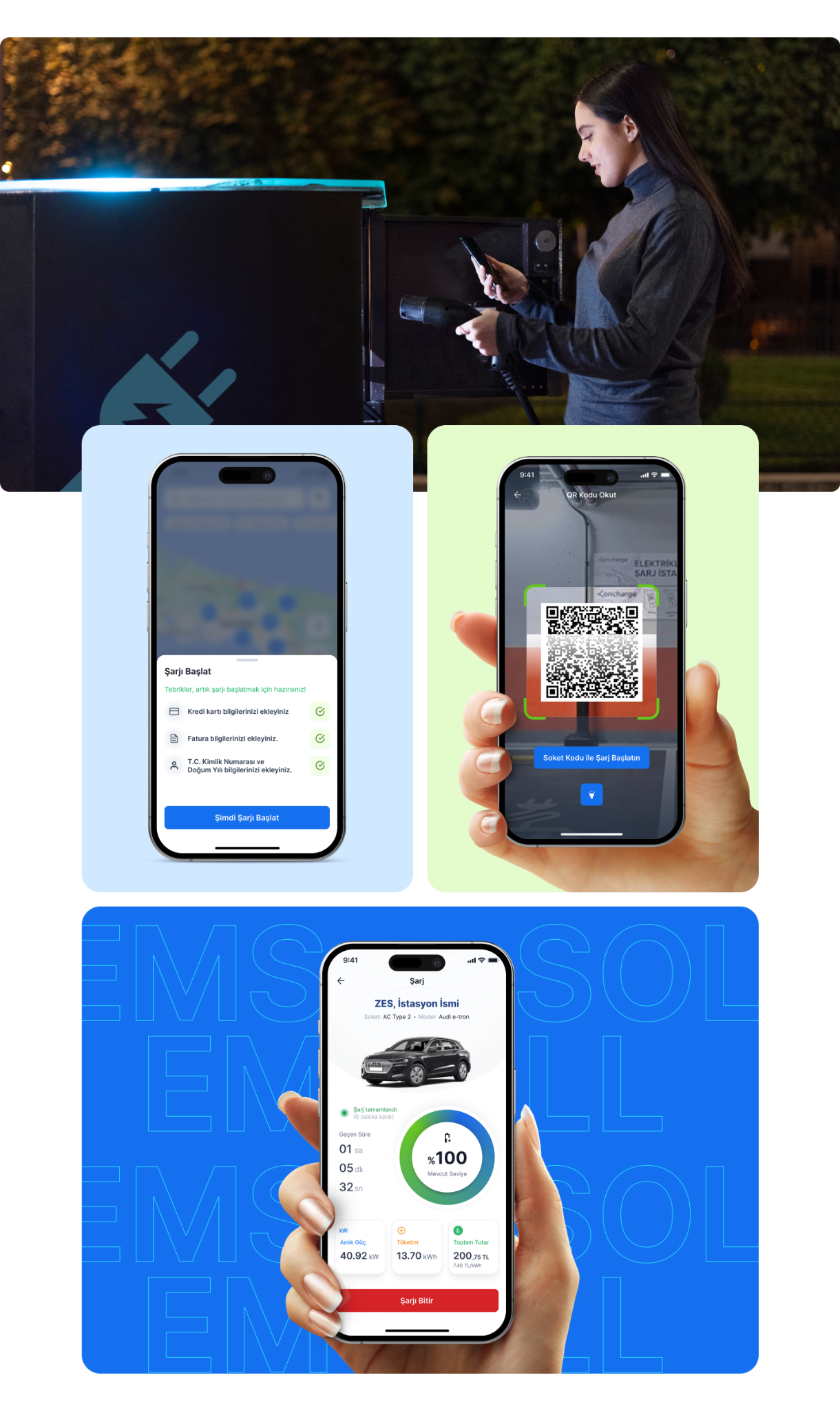 EV charging prerequisites, QR activation, and live charging session screens