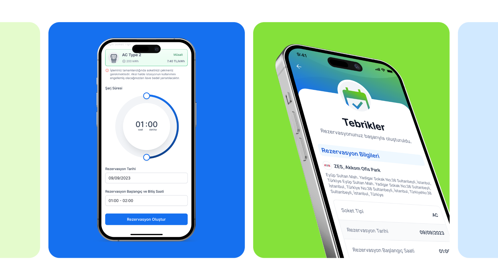 EV charging reservation, confirmation, QR access, and completed session screens