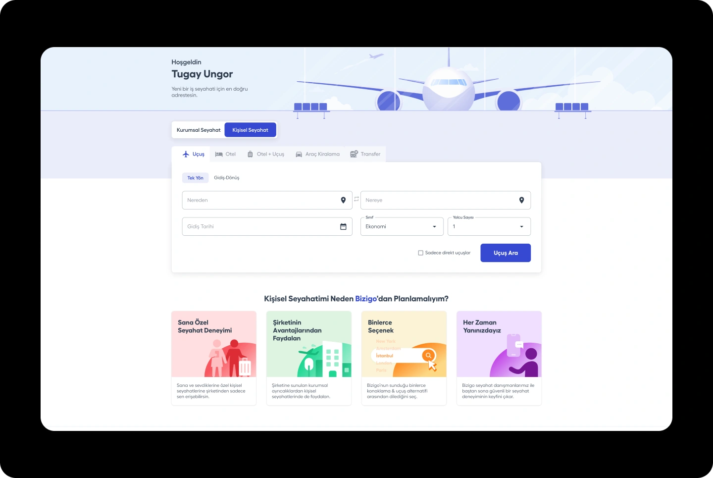 Bizigo booking home with corporate and personal travel modes and a flight search form.