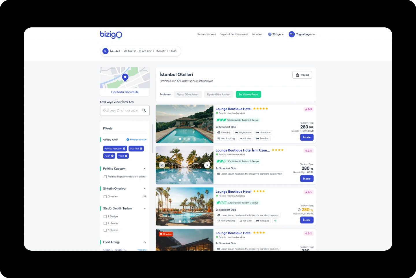 Bizigo hotel search results with filters, property details, policy indicators, and pricing.