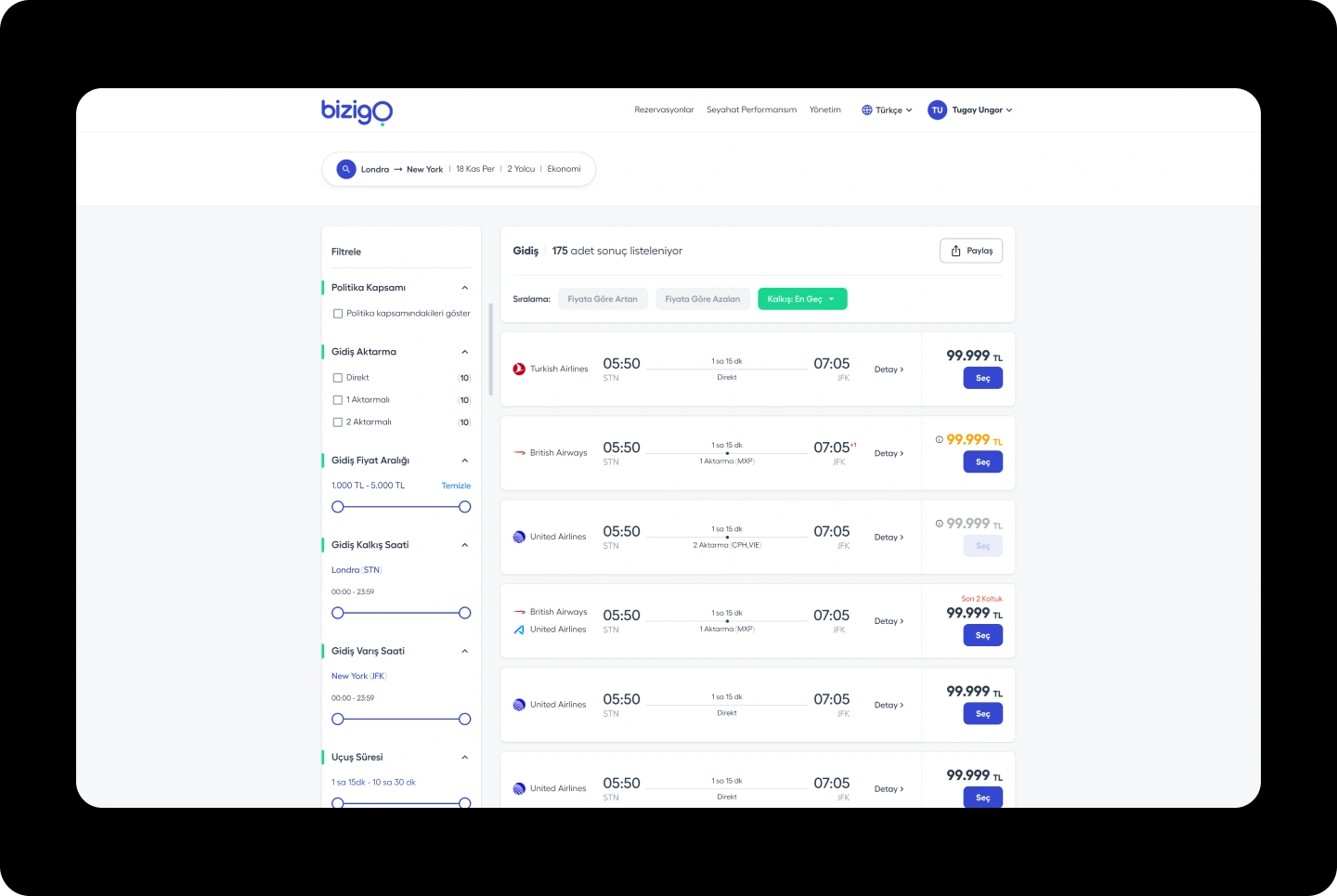 Bizigo flight search results with filters, itinerary details, availability, and fares.