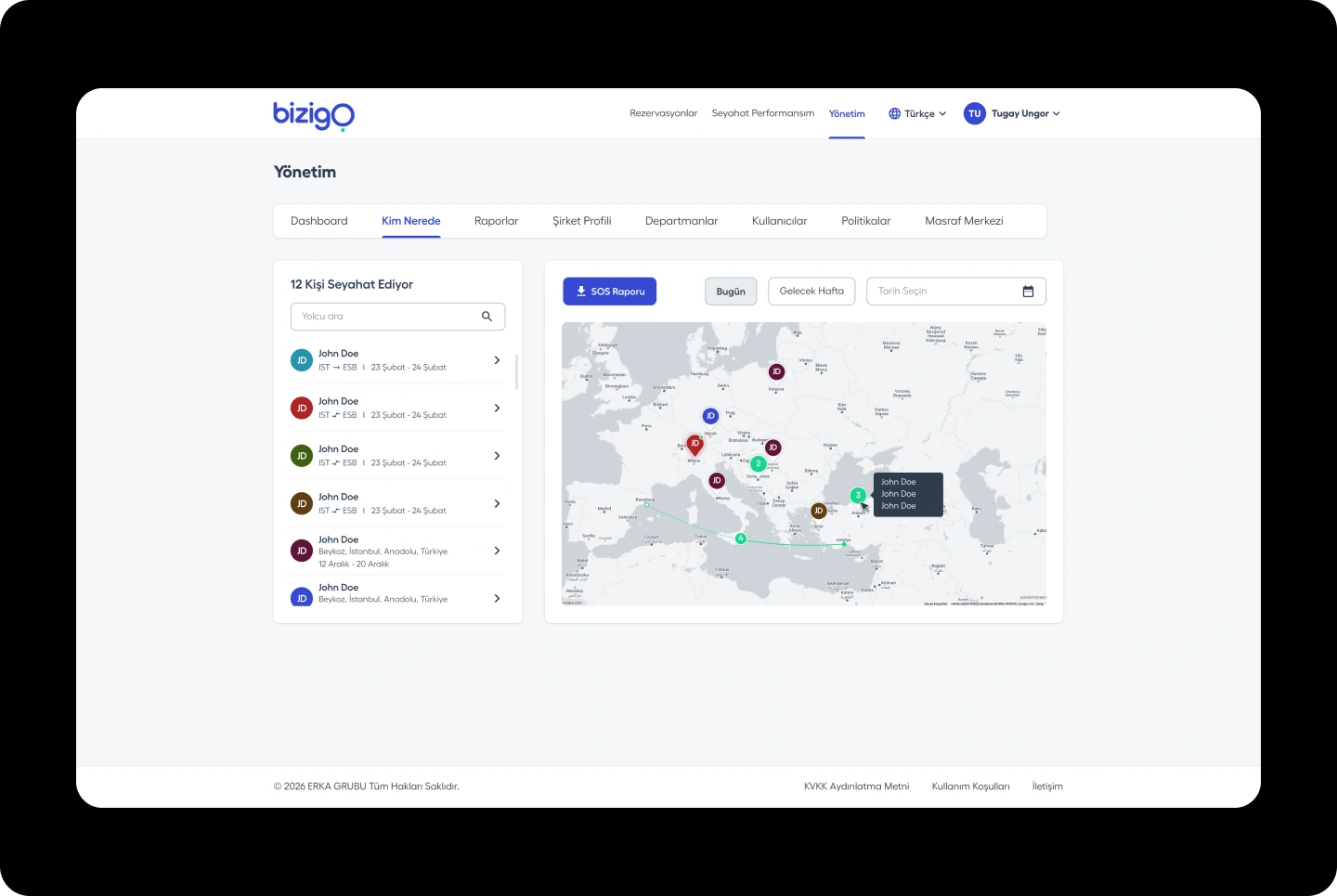 Bizigo traveler location view with an active traveler list and journey map.