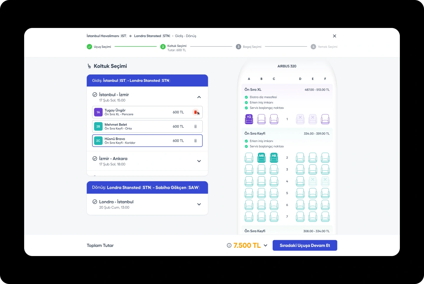 Bizigo flight seat selection with passenger assignments, seat map, availability, and total cost.