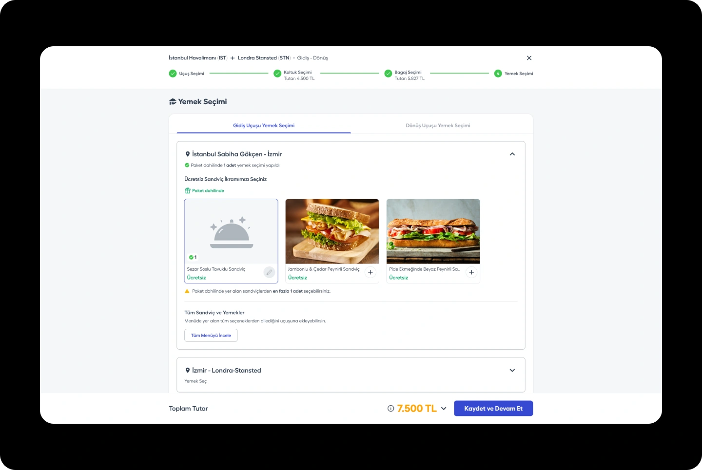 Bizigo meal selection with included and optional meal choices for a flight itinerary.