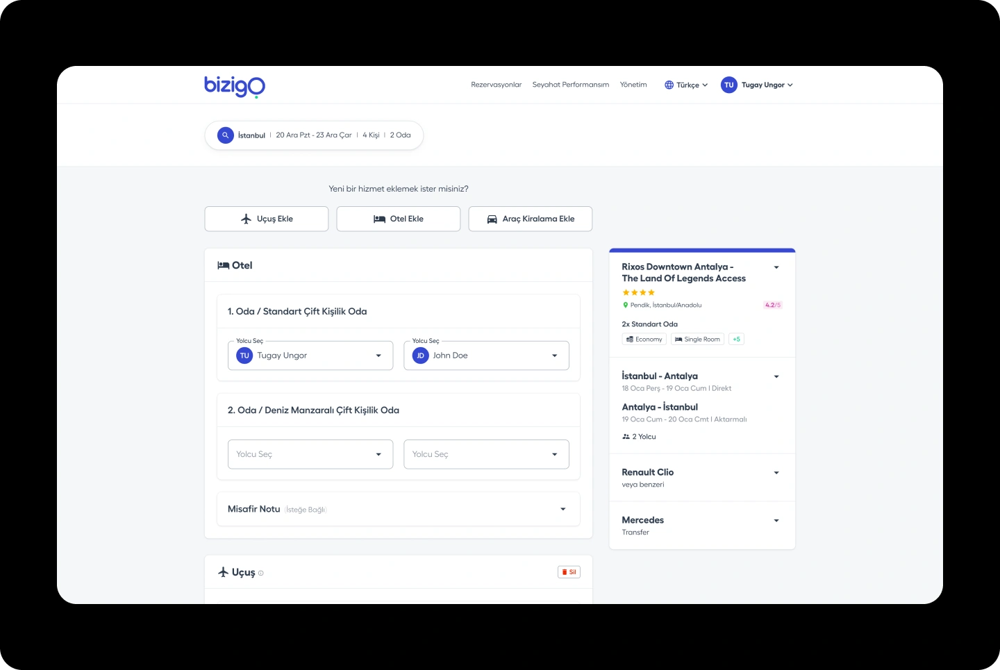 Bizigo booking review with traveler assignments and hotel, flight, car, and transfer summaries.