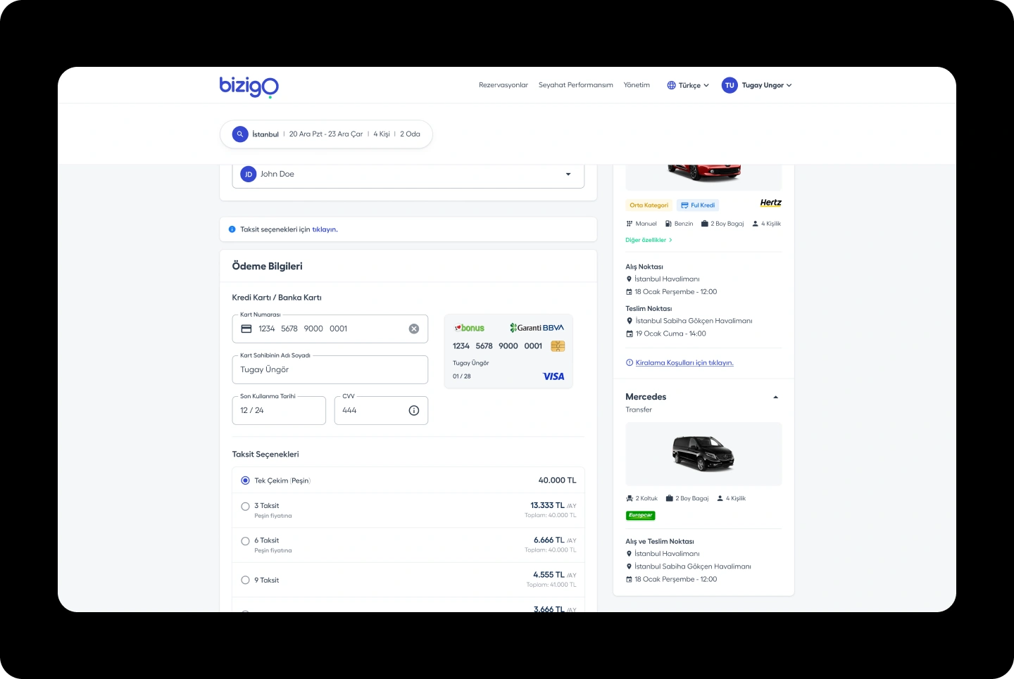 Bizigo payment summary with card details, installment choices, and booked service information.