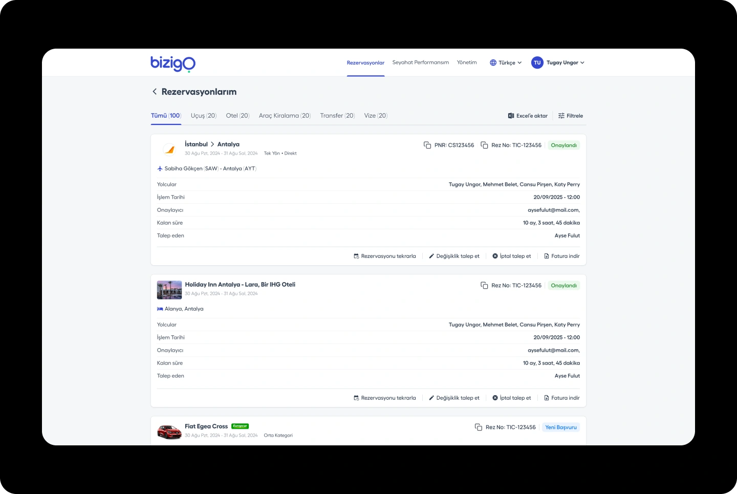 Bizigo reservations view with flight, hotel, and car booking details and management actions.