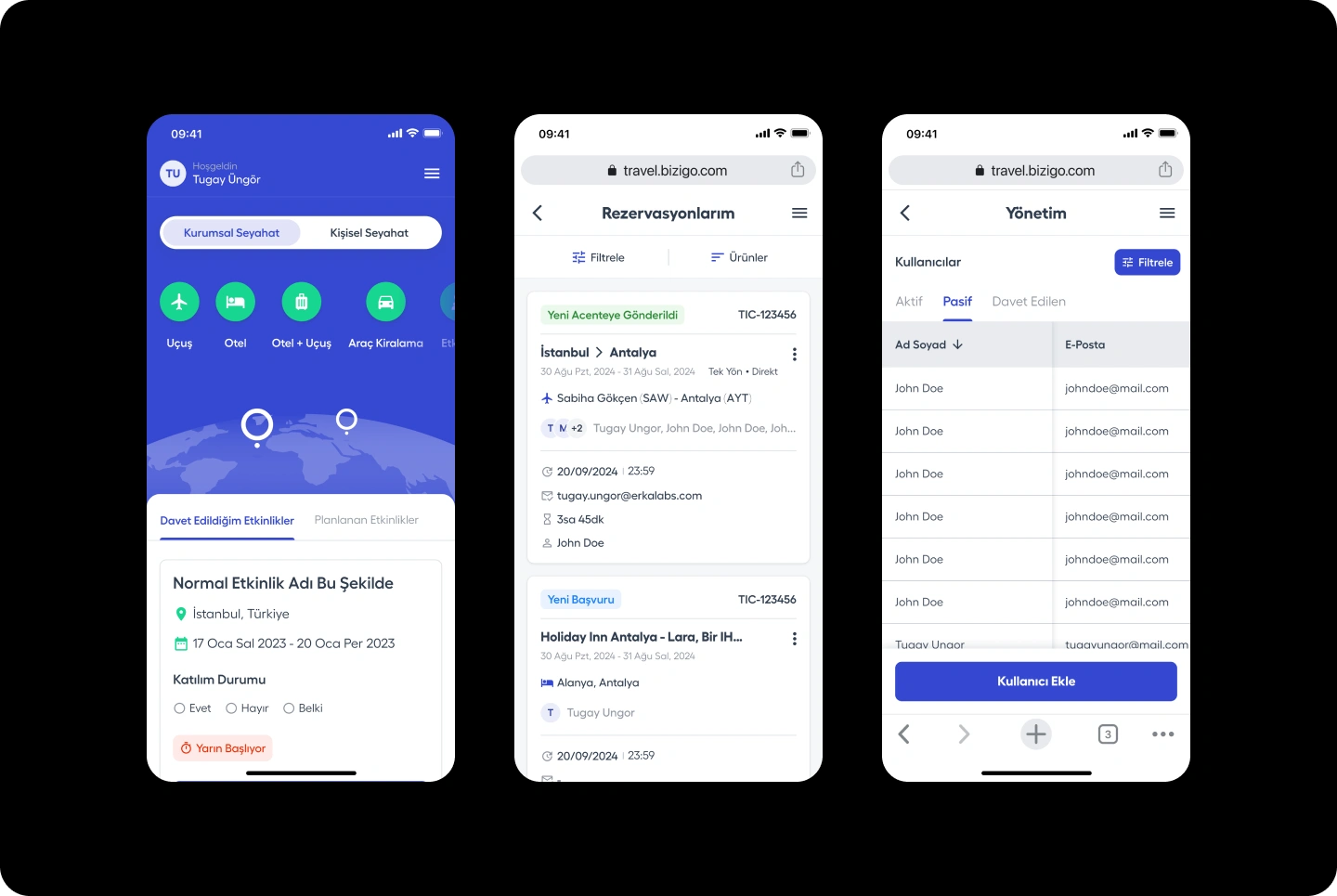 Three Bizigo responsive screens showing the mobile home, reservations, and user management experiences.