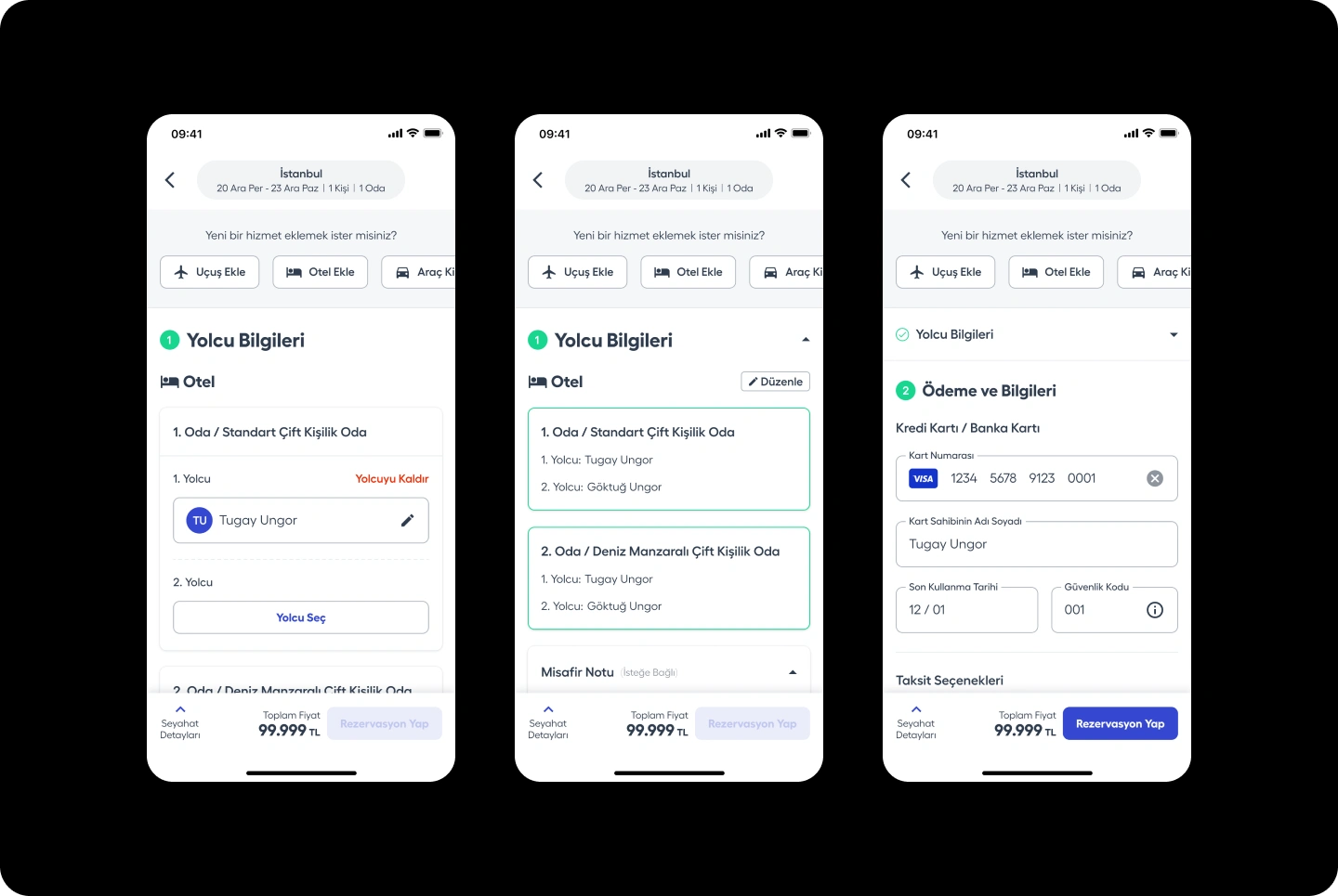 Three Bizigo responsive booking screens showing passenger information, booking review, and payment details.