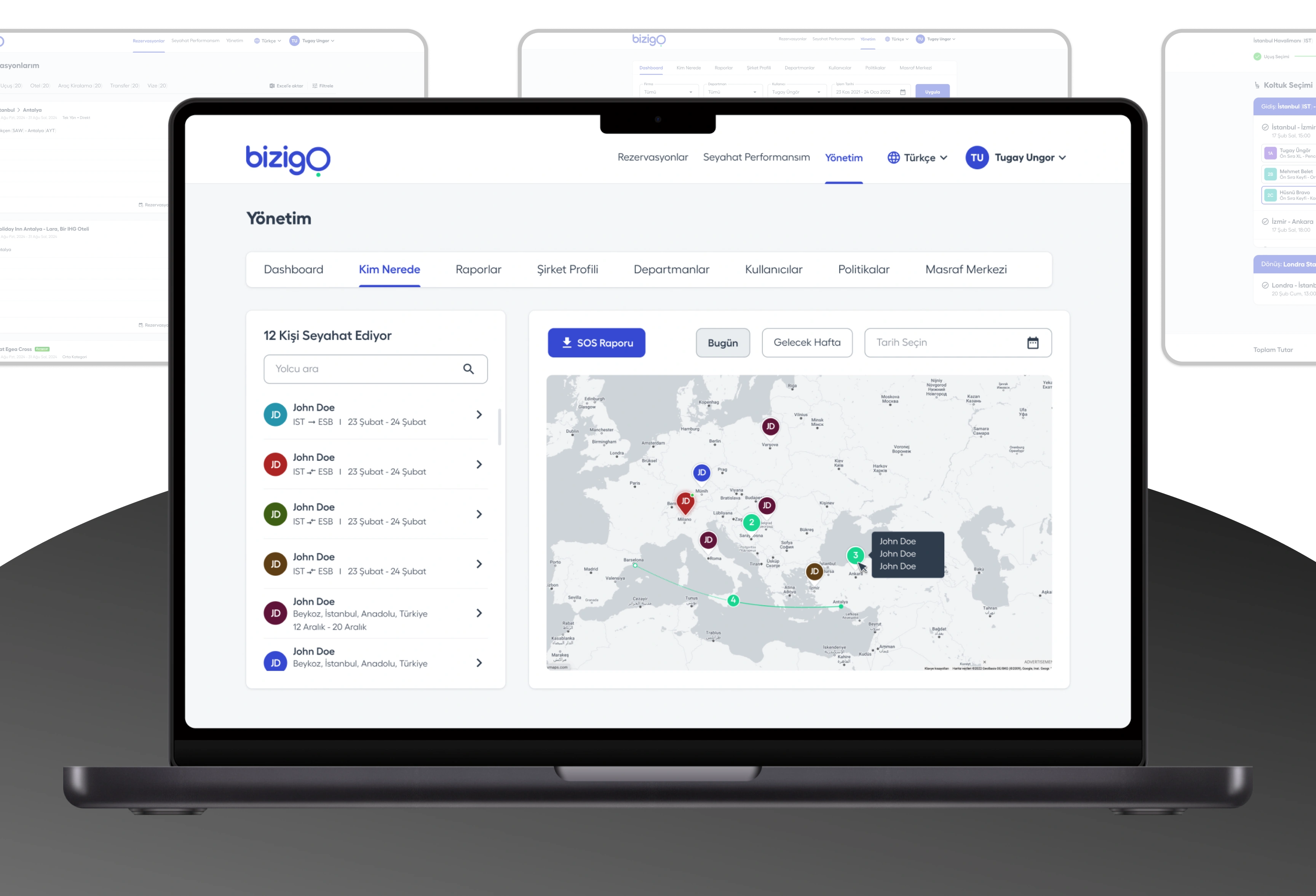 Bizigo corporate travel platform displayed across a laptop and surrounding desktop interface views.