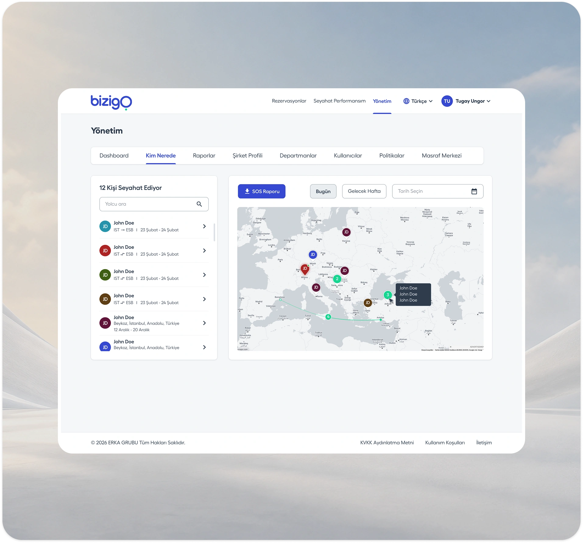 Bizigo corporate travel management dashboard showing traveler locations on a map.