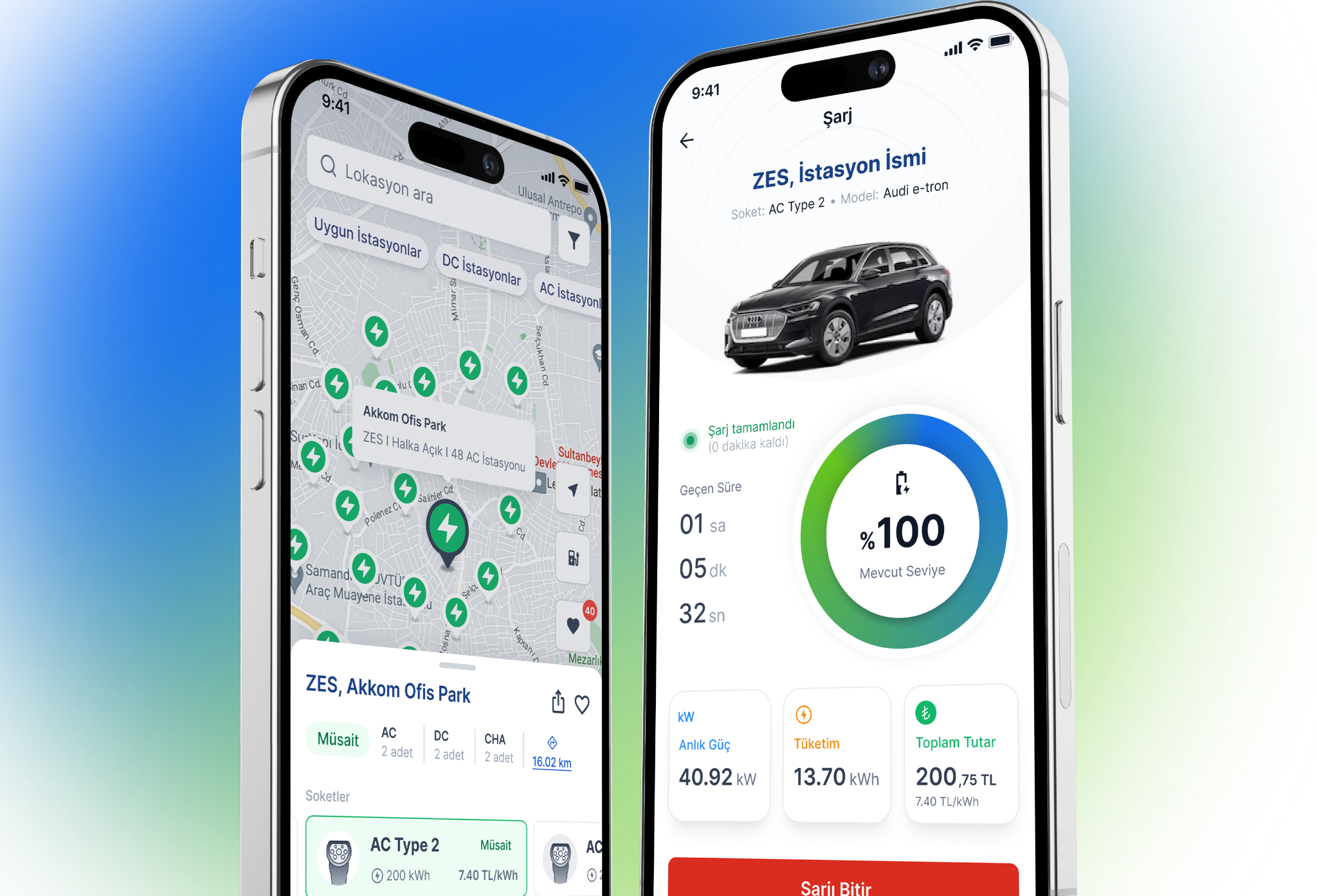 EMSOLL mobile application showing charging-station discovery and a completed charging session