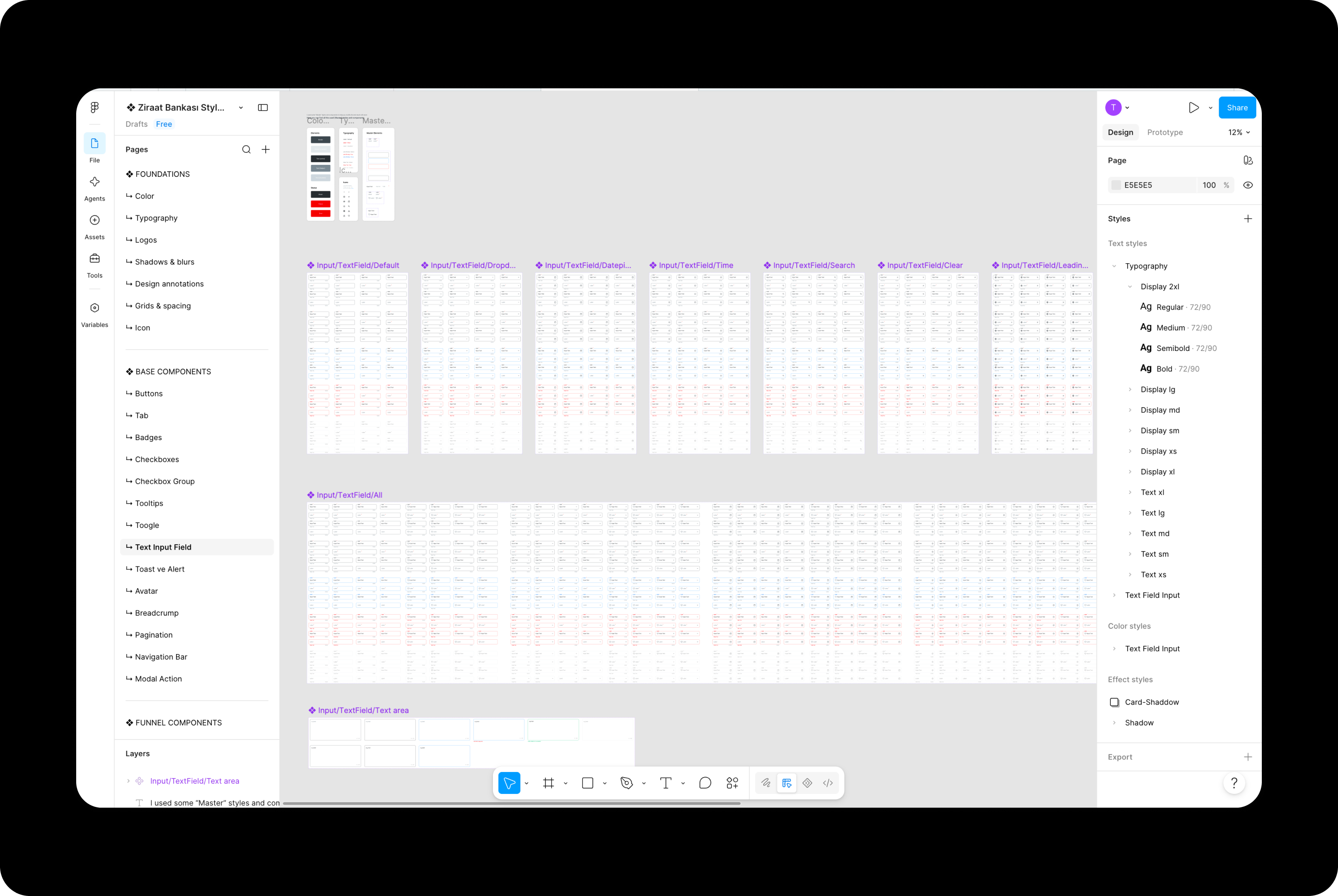 Figma canvas showing BankKart Seyahat design system components and input field states.