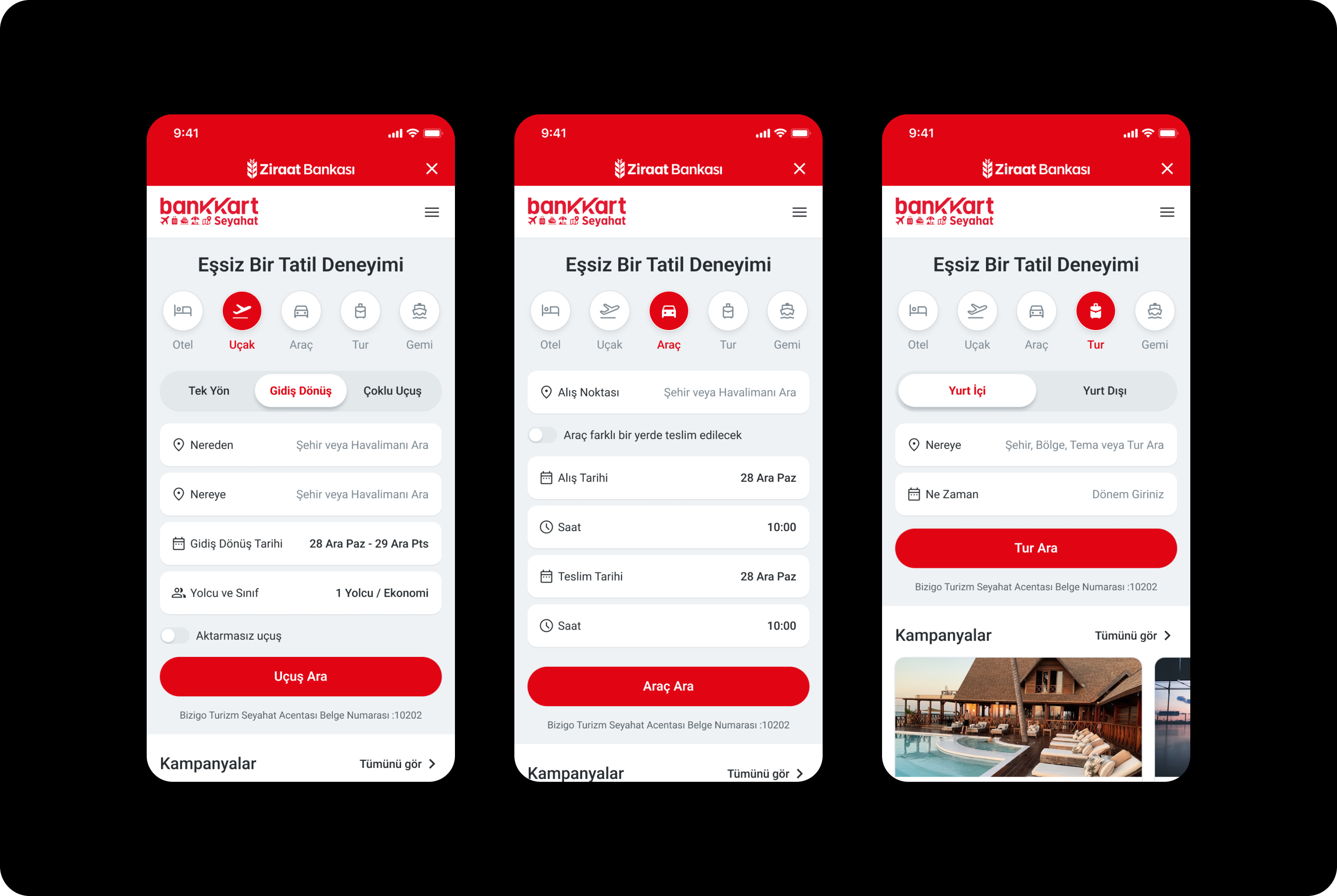 Three BankKart Seyahat mobile booking entry screens for different travel products.
