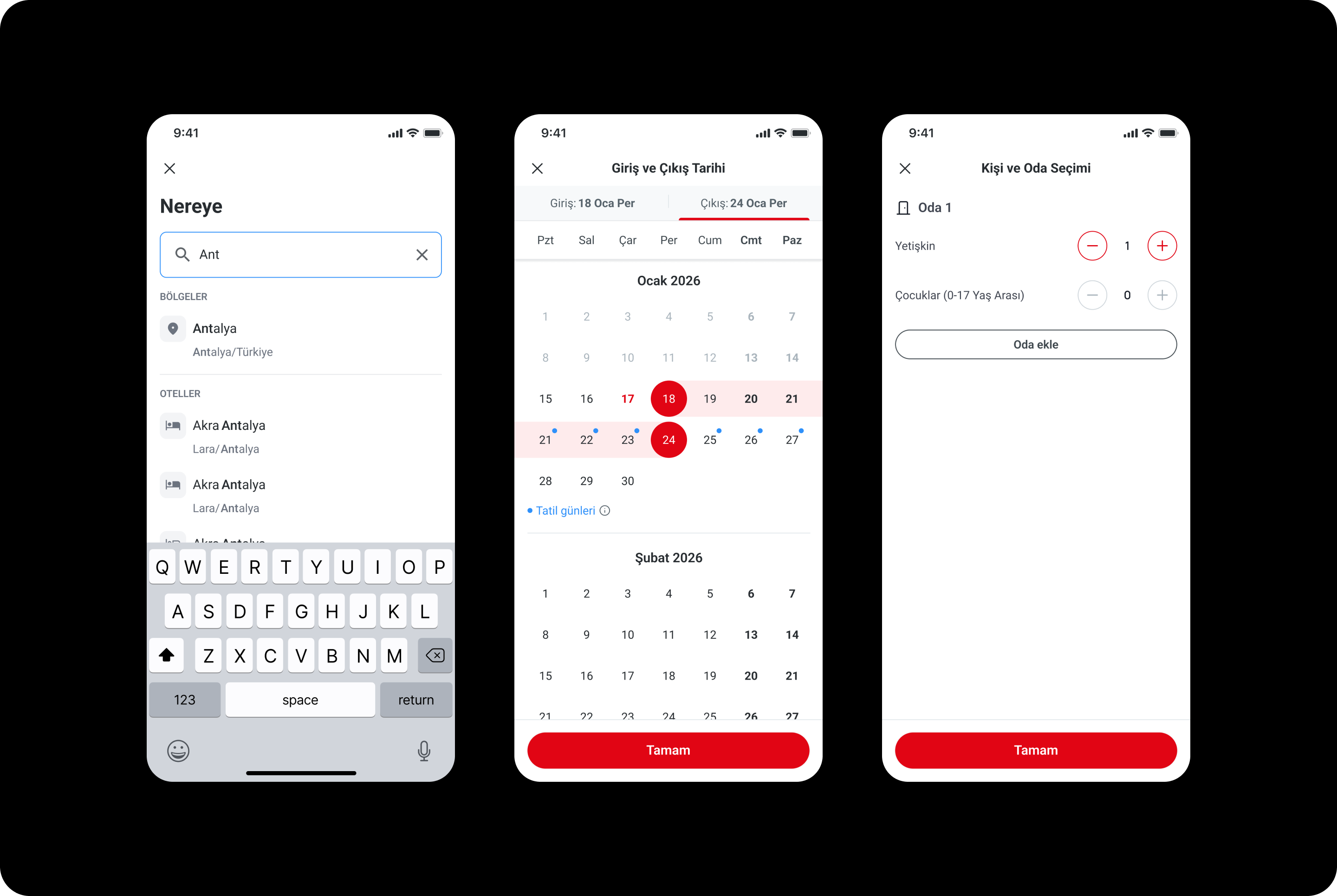 Three hotel booking screens for destination search, date selection and room and guest selection.