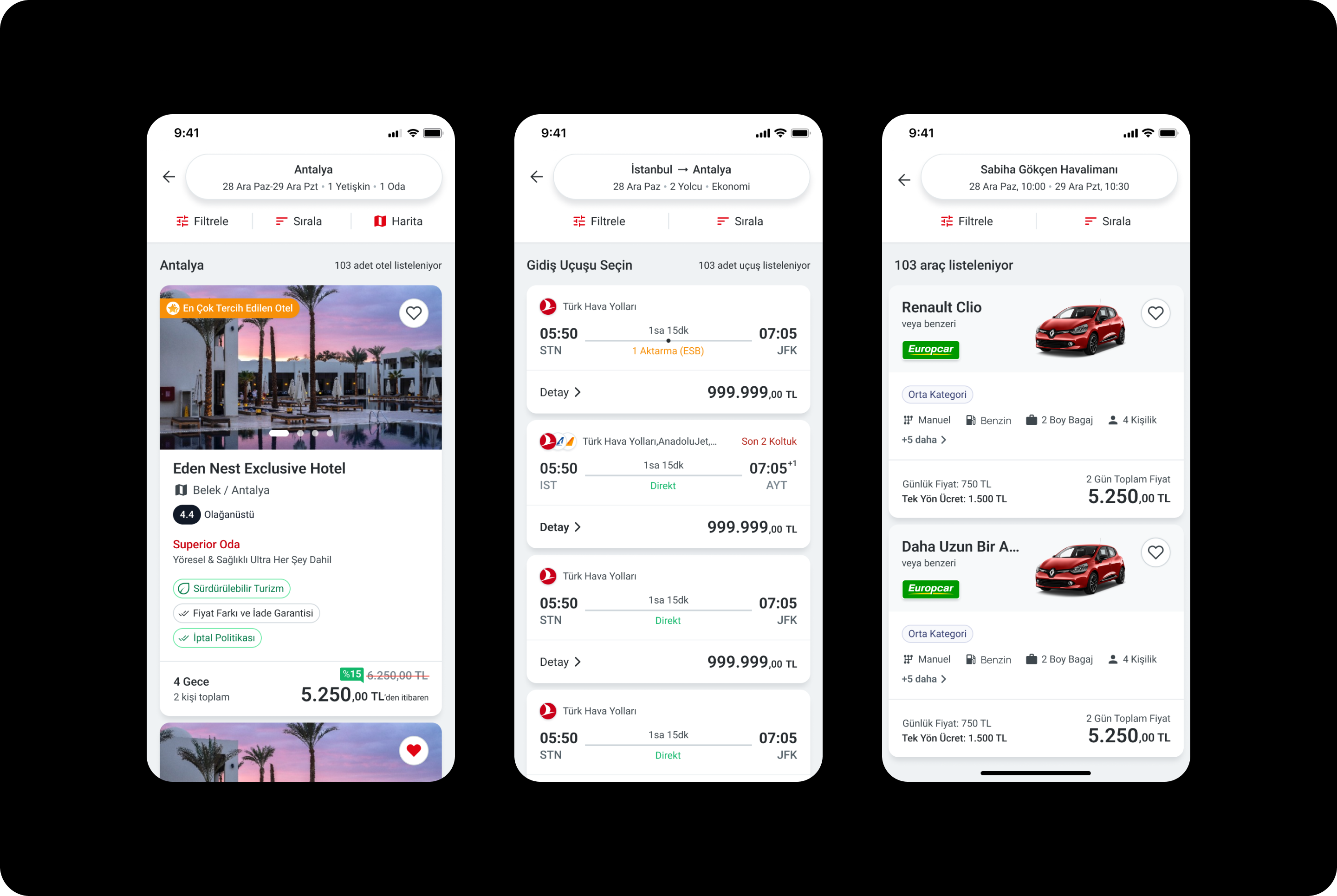 Hotel, flight and car result listing screens in the BankKart Seyahat mobile interface.
