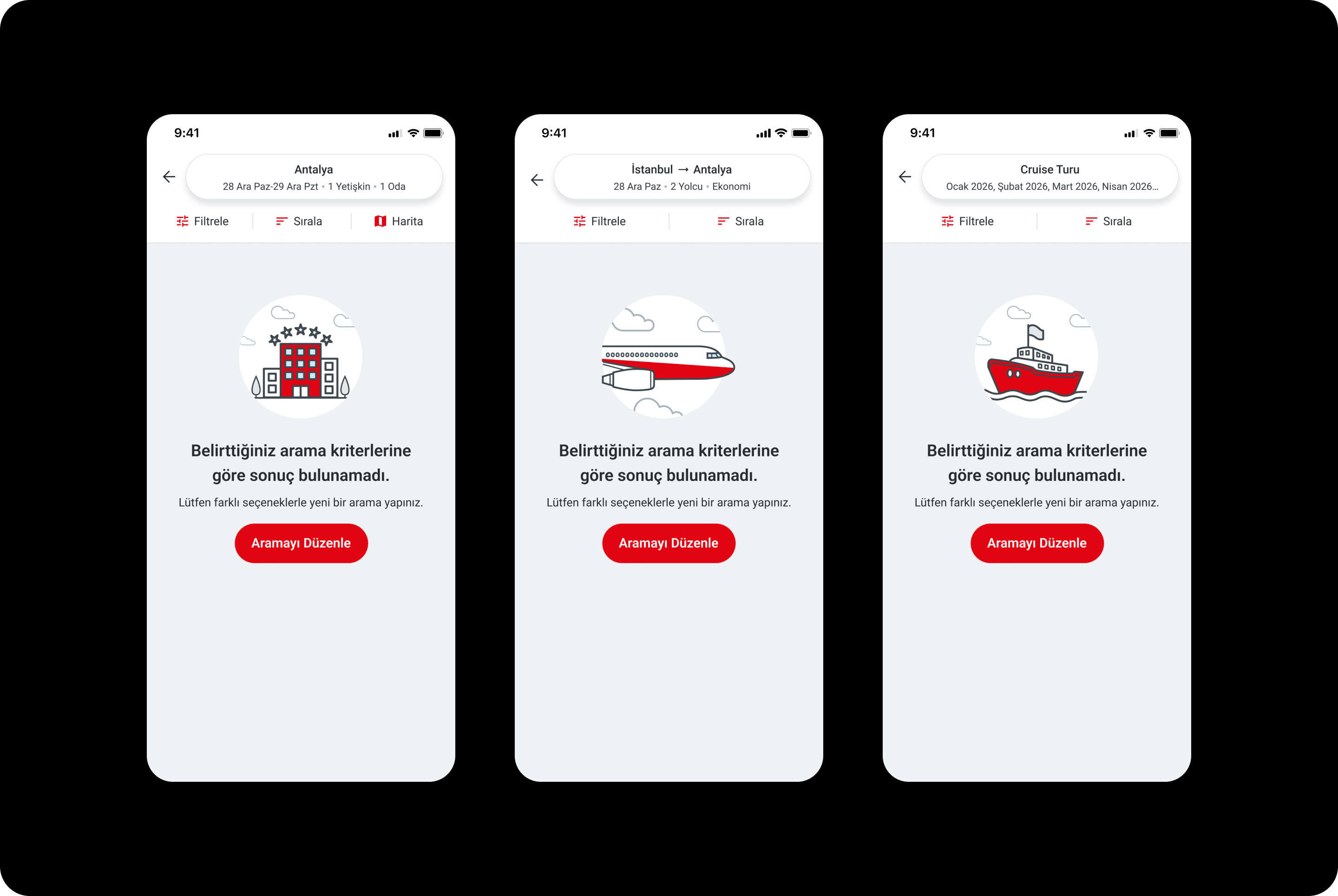 Hotel, flight and cruise empty-state screens with no-results messages and recovery actions.