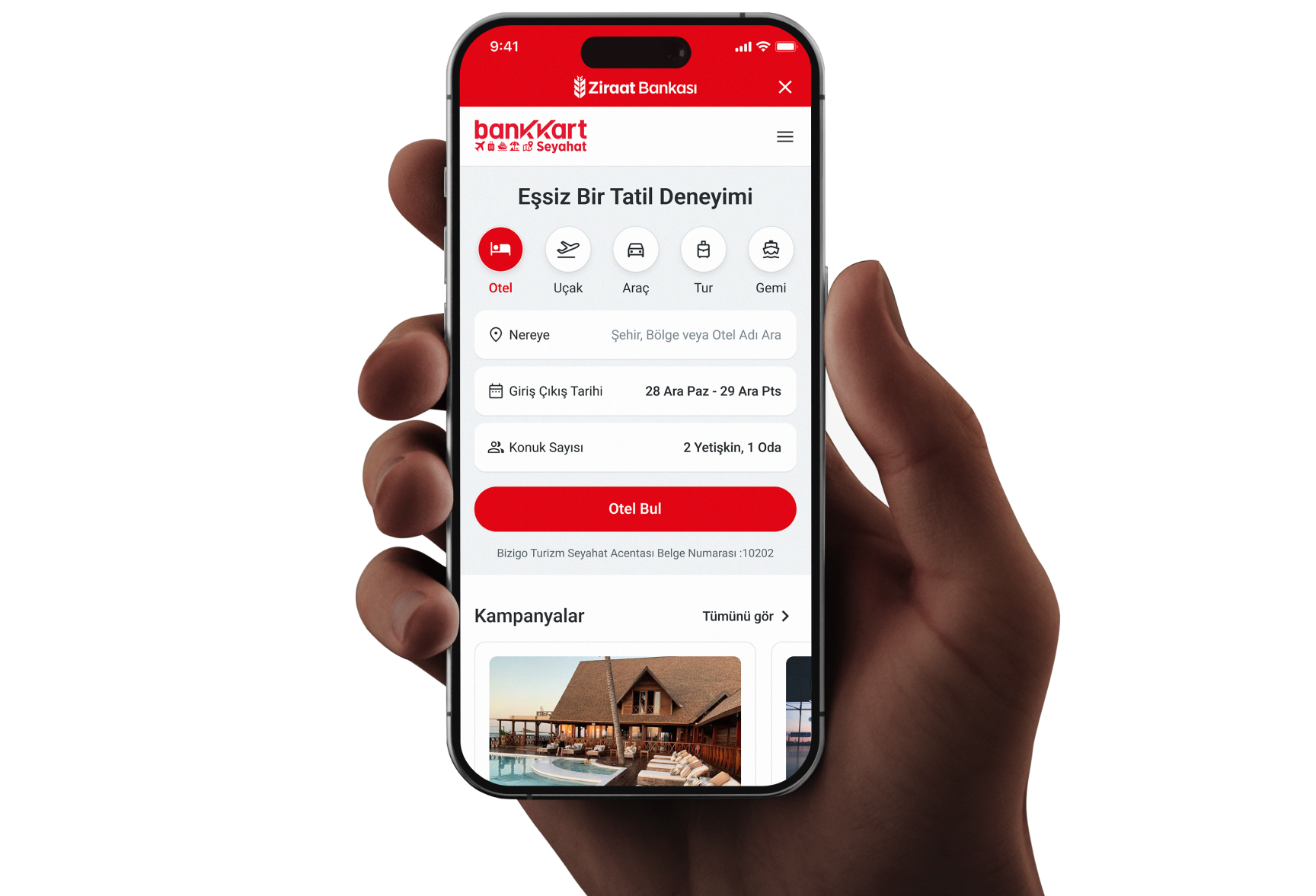 A hand holding a smartphone displaying the BankKart Seyahat hotel booking home screen.