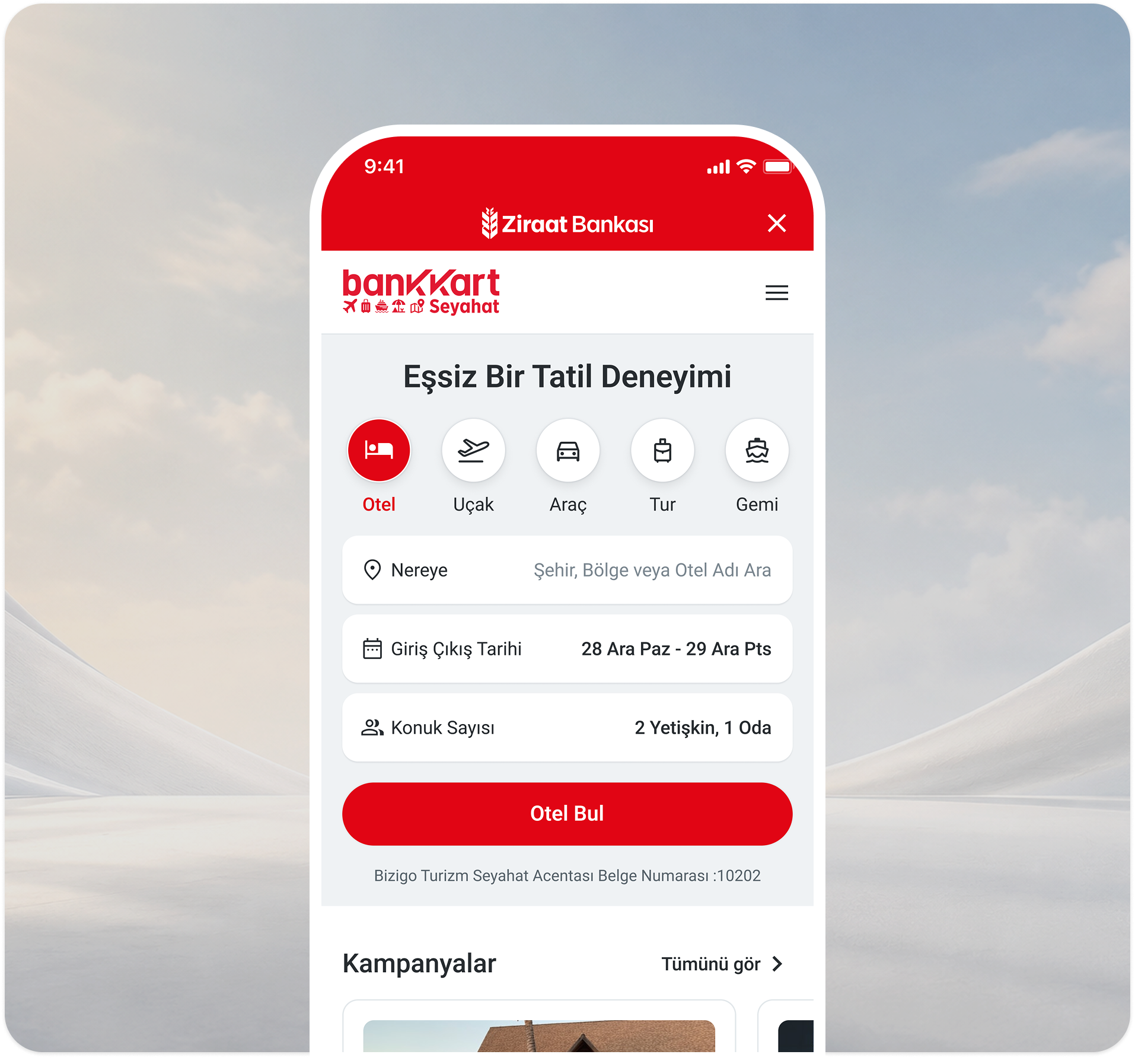 BankKart Seyahat mobile home screen displayed in a smartphone mockup against a soft architectural background.