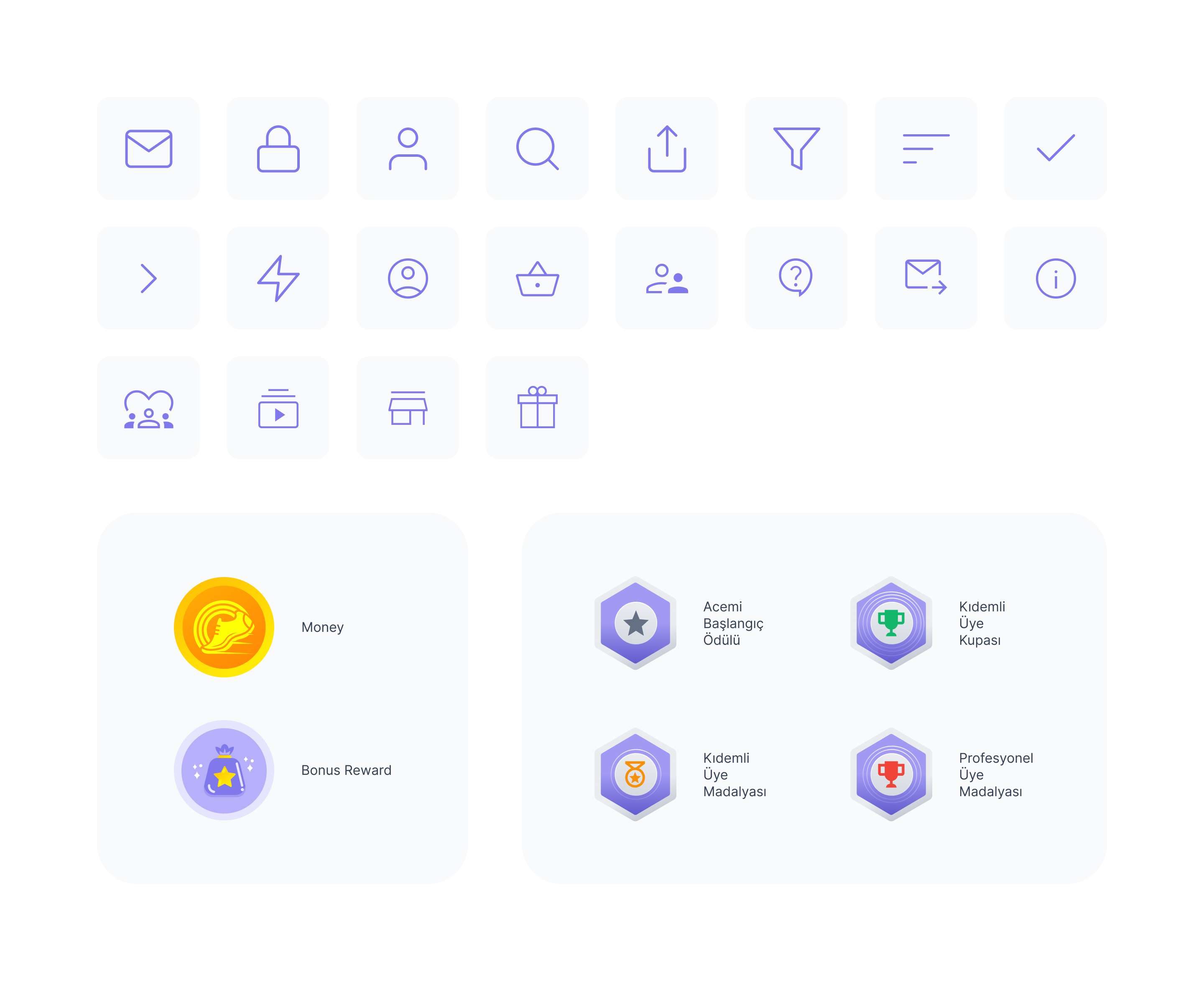 Yürüyüş AVM interface icons and illustrated reward badges.