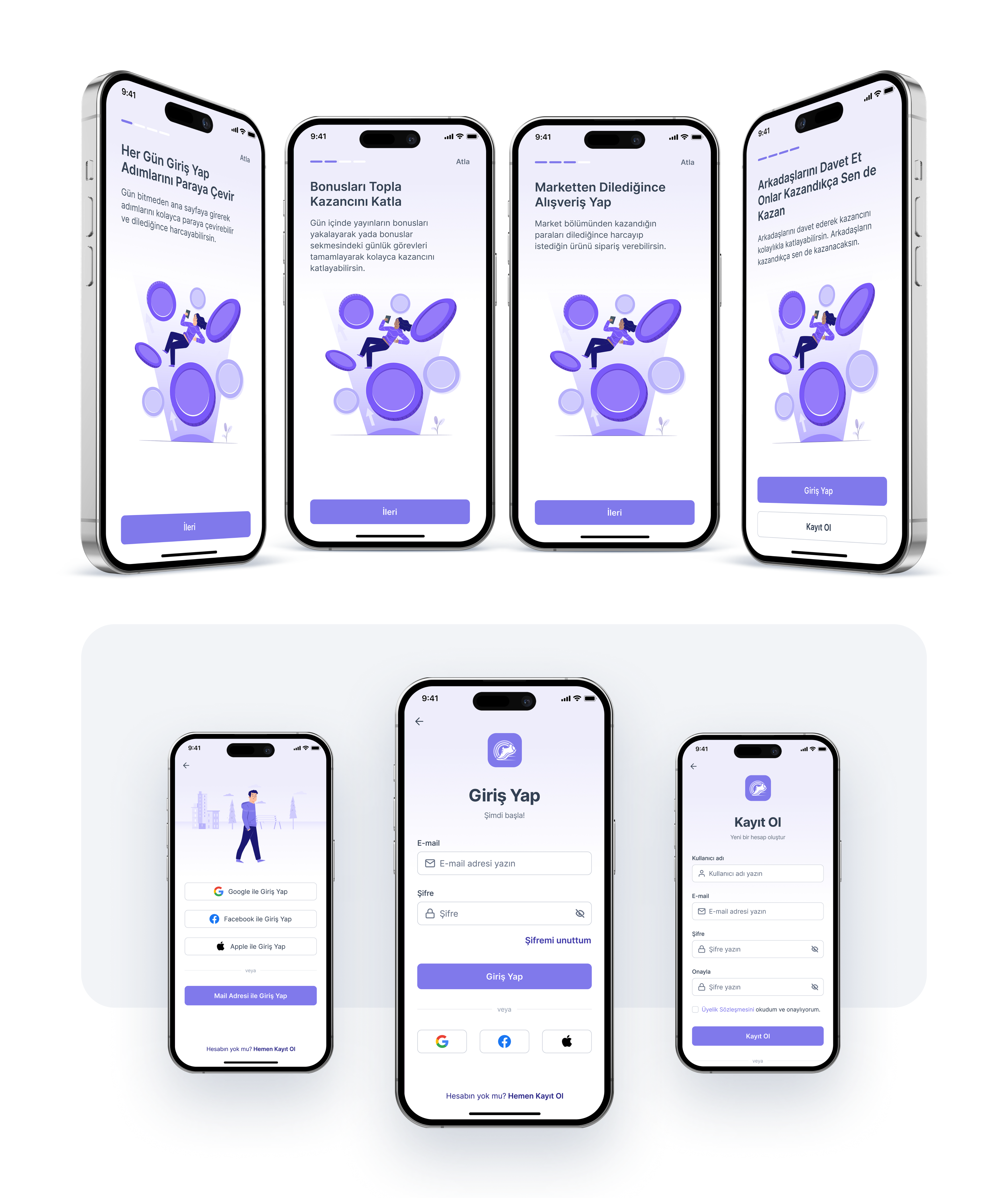 Yürüyüş AVM onboarding, login, and account registration screens.