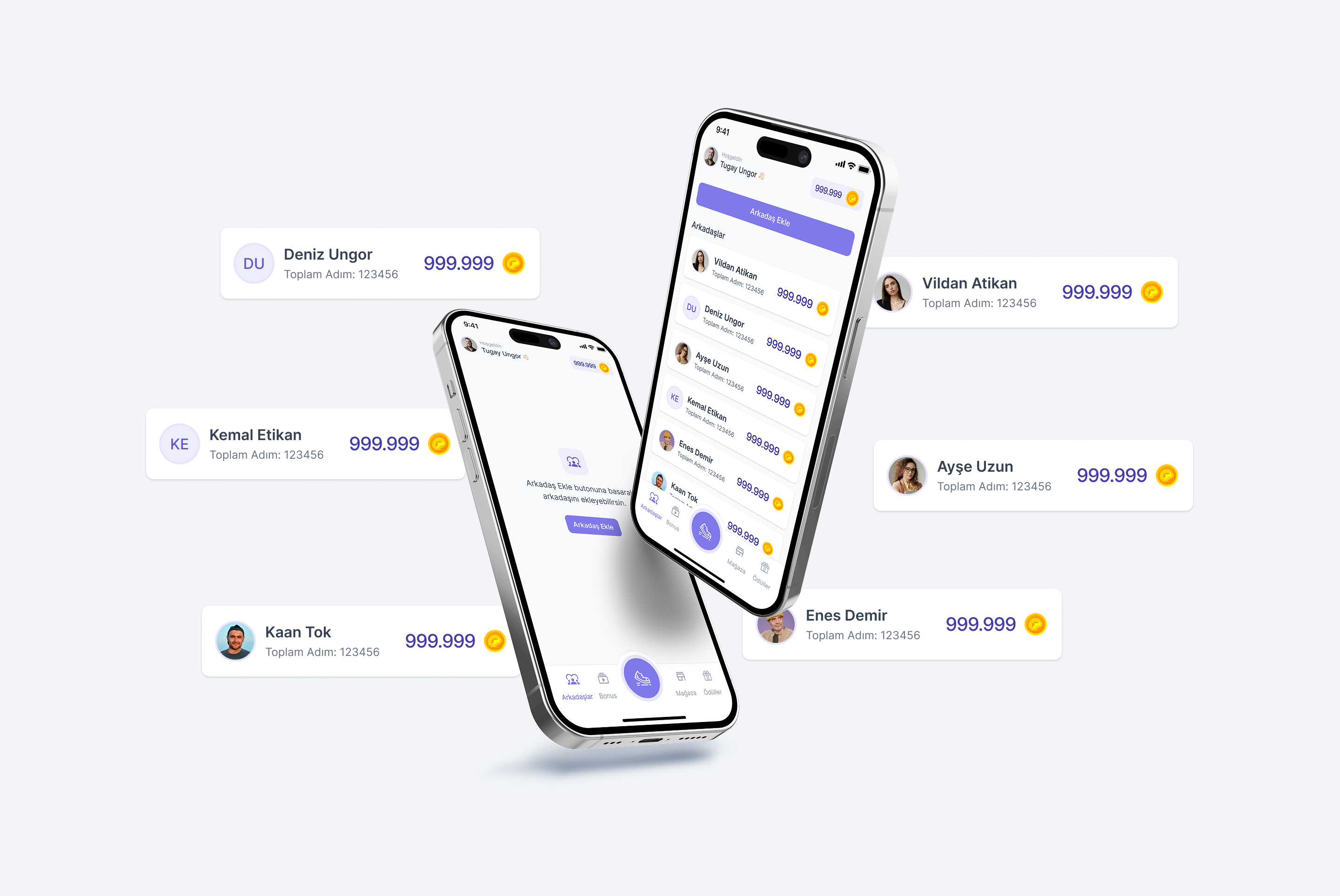 Yürüyüş AVM friends list, activity, and referral invitation screens.