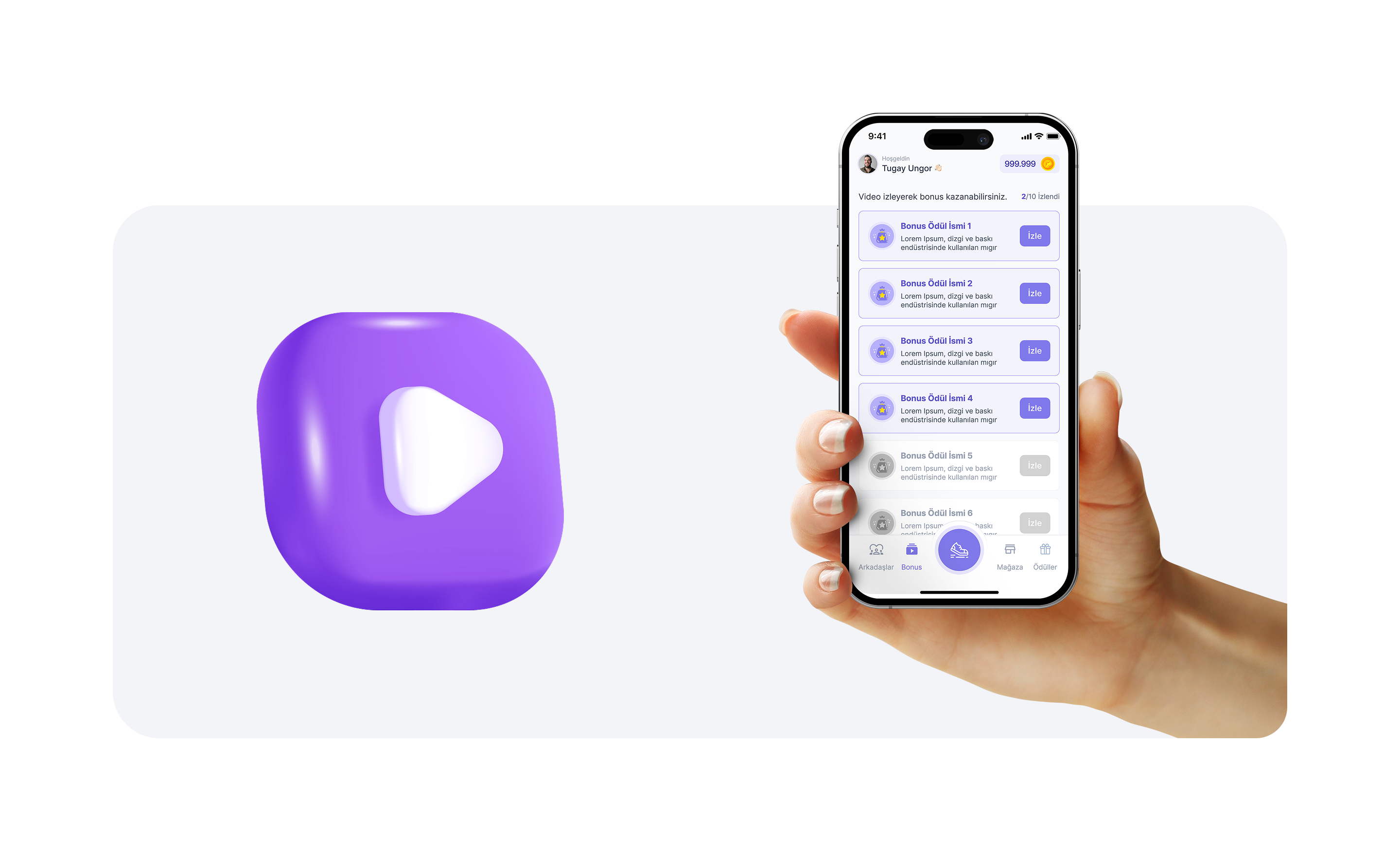 Yürüyüş AVM bonus video browsing and reward screens.