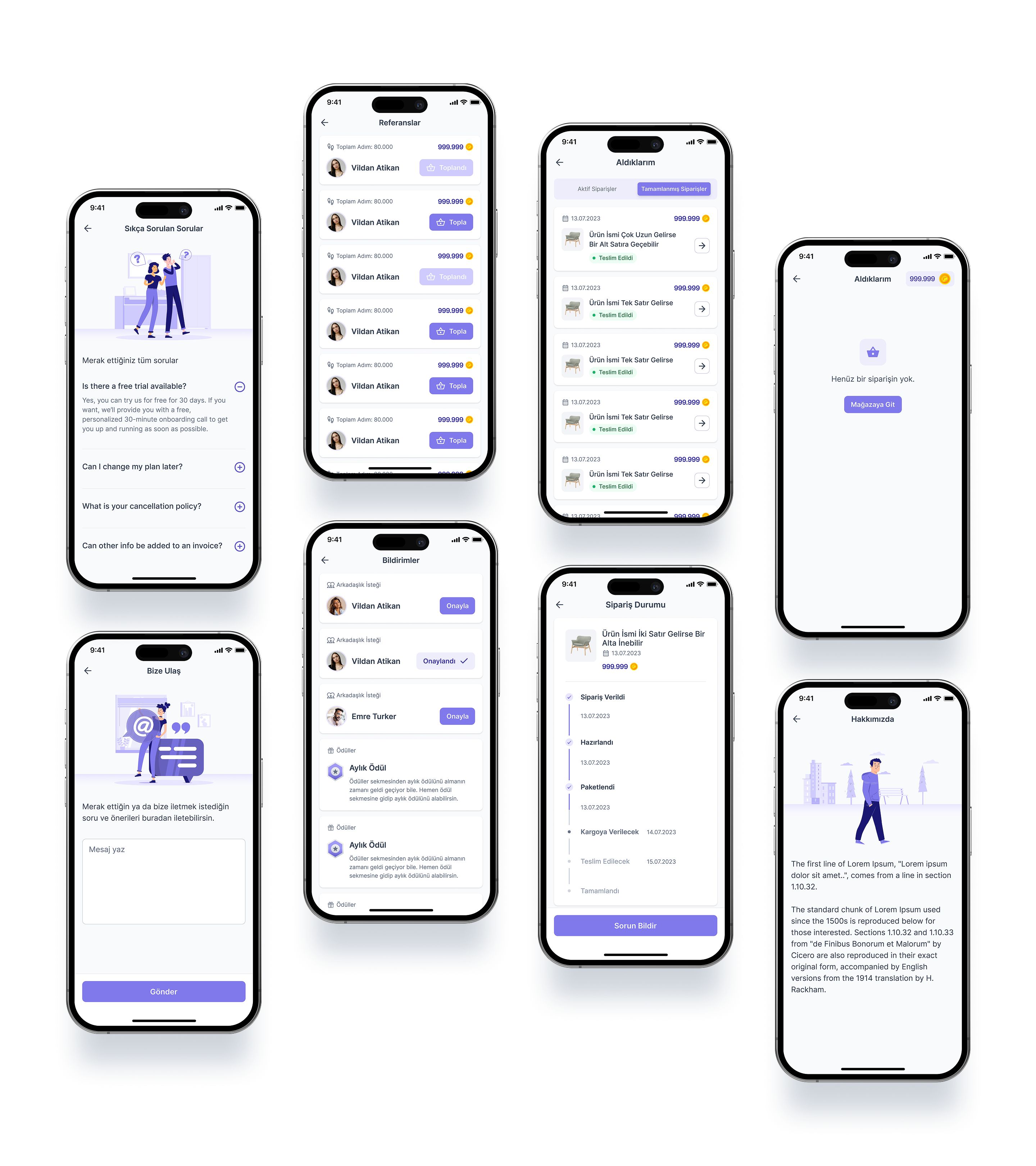 Yürüyüş AVM help, notifications, order tracking, and supporting account screens.