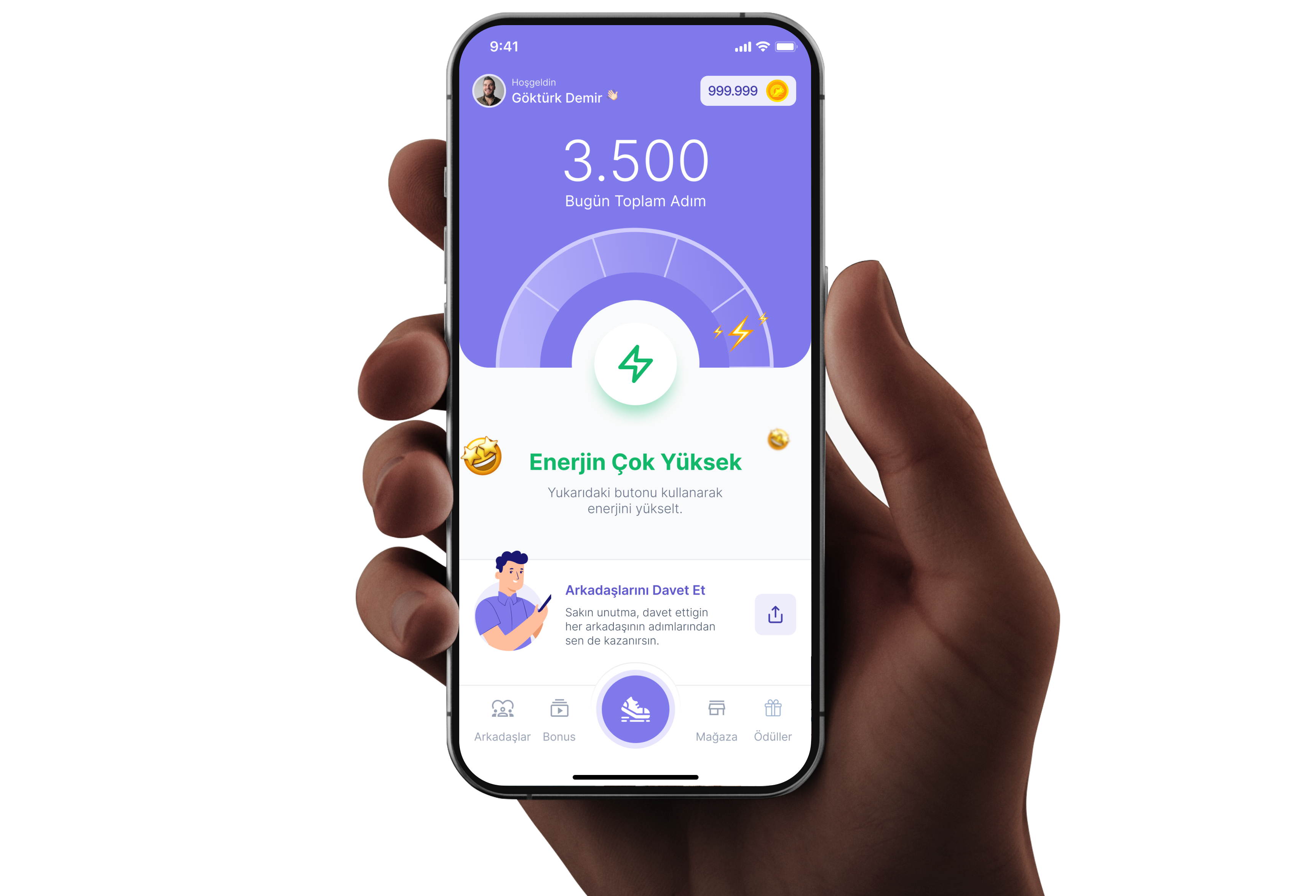 A hand holding a phone with the Yürüyüş AVM step-tracking and energy dashboard.