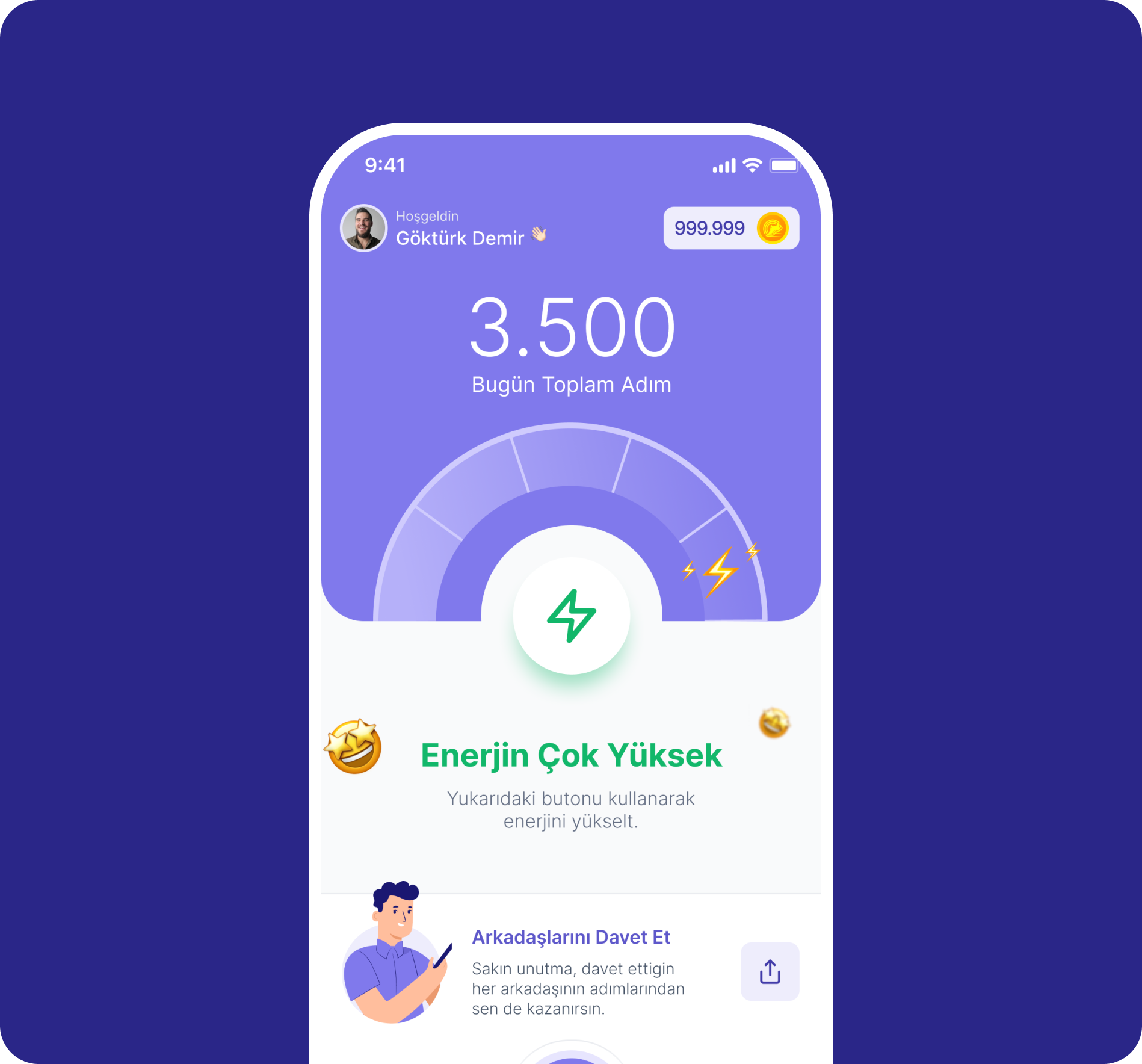 Yürüyüş AVM activity dashboard showing daily steps, energy progress, and rewards.